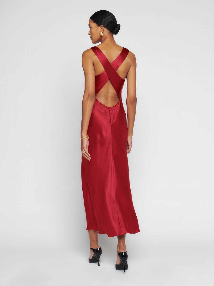 Reformation Casette Silk Women's Dress Red | OUTLET-783502
