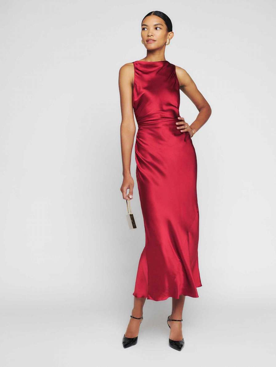 Reformation Casette Silk Women\'s Dress Red | OUTLET-783502