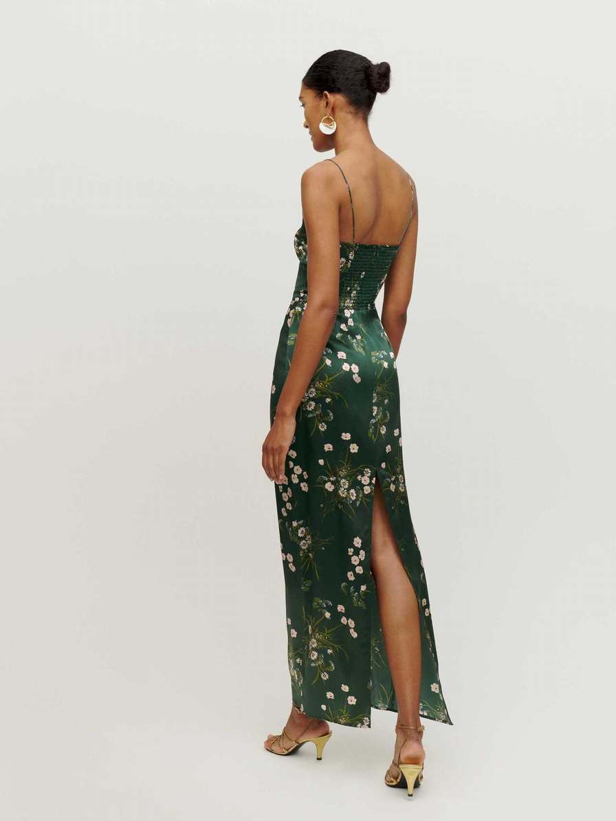 Reformation Frankie Silk Women's Dress Dark Green | OUTLET-862547