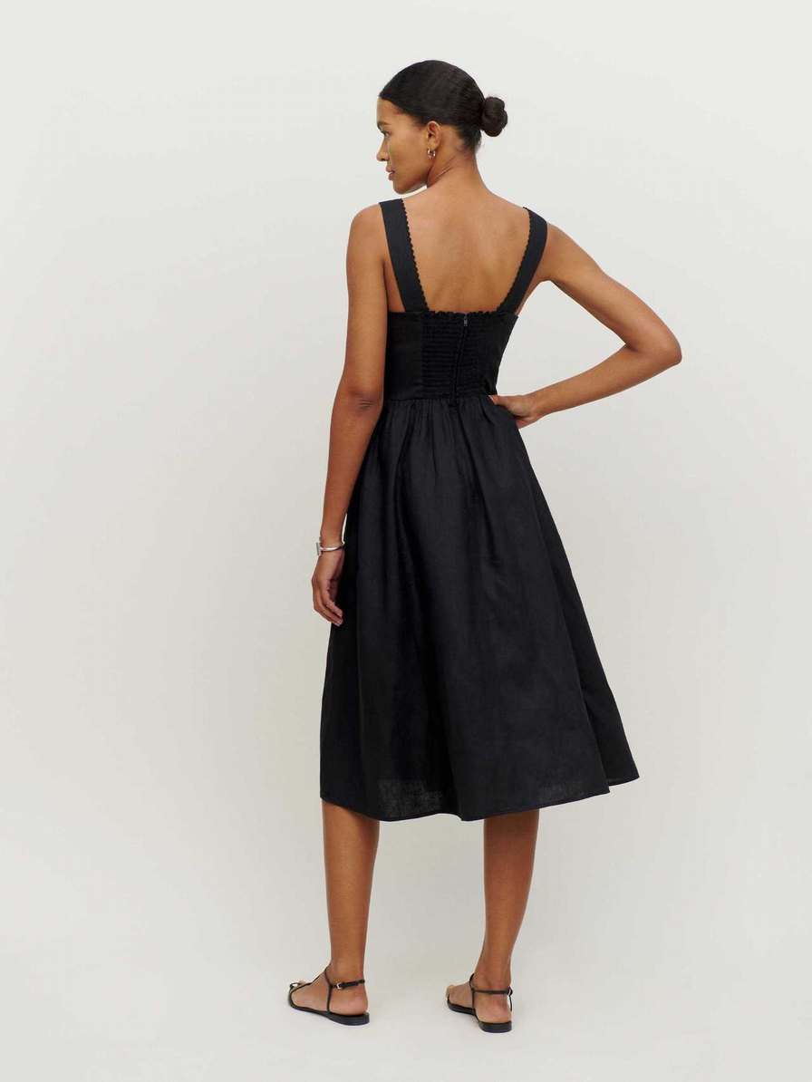 Reformation Tagliatelle Linen Women's Dress Black | OUTLET-4763850