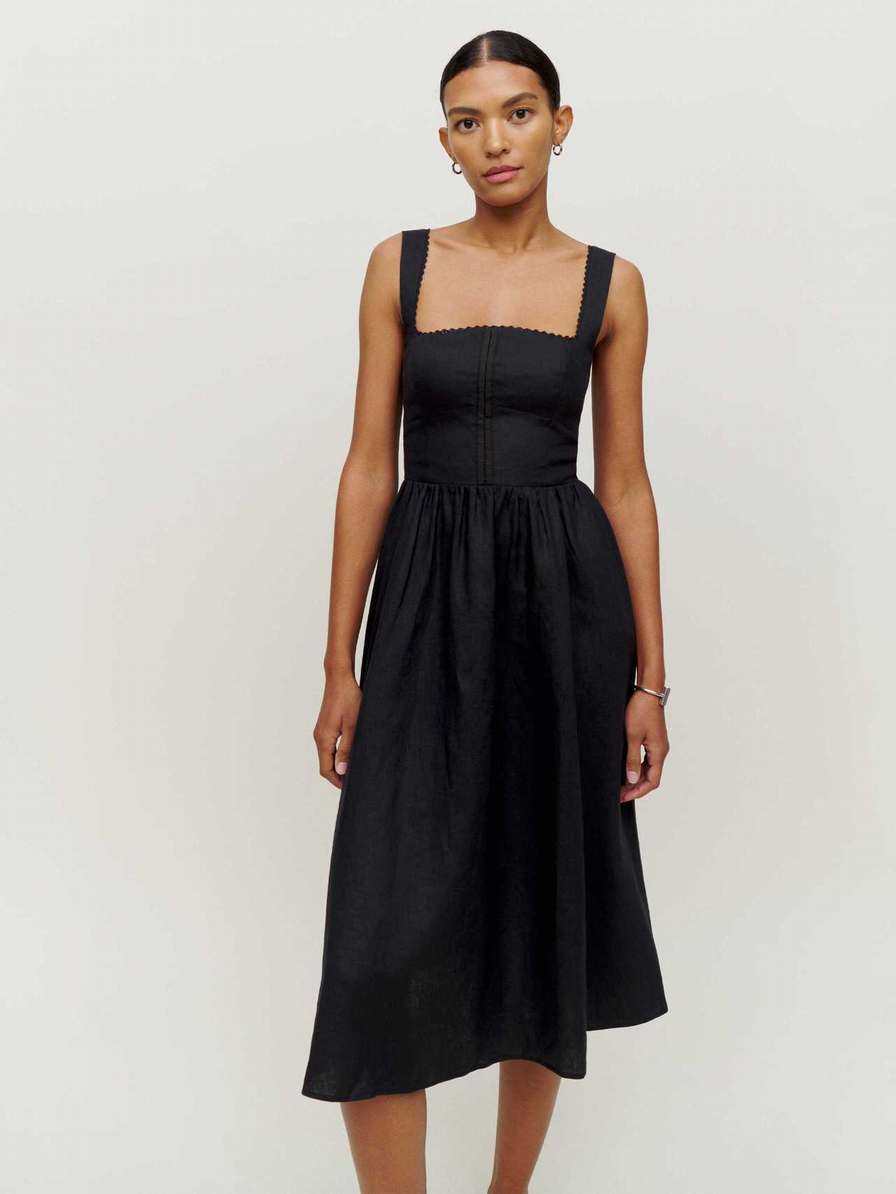 Reformation Tagliatelle Linen Women\'s Dress Black | OUTLET-4763850