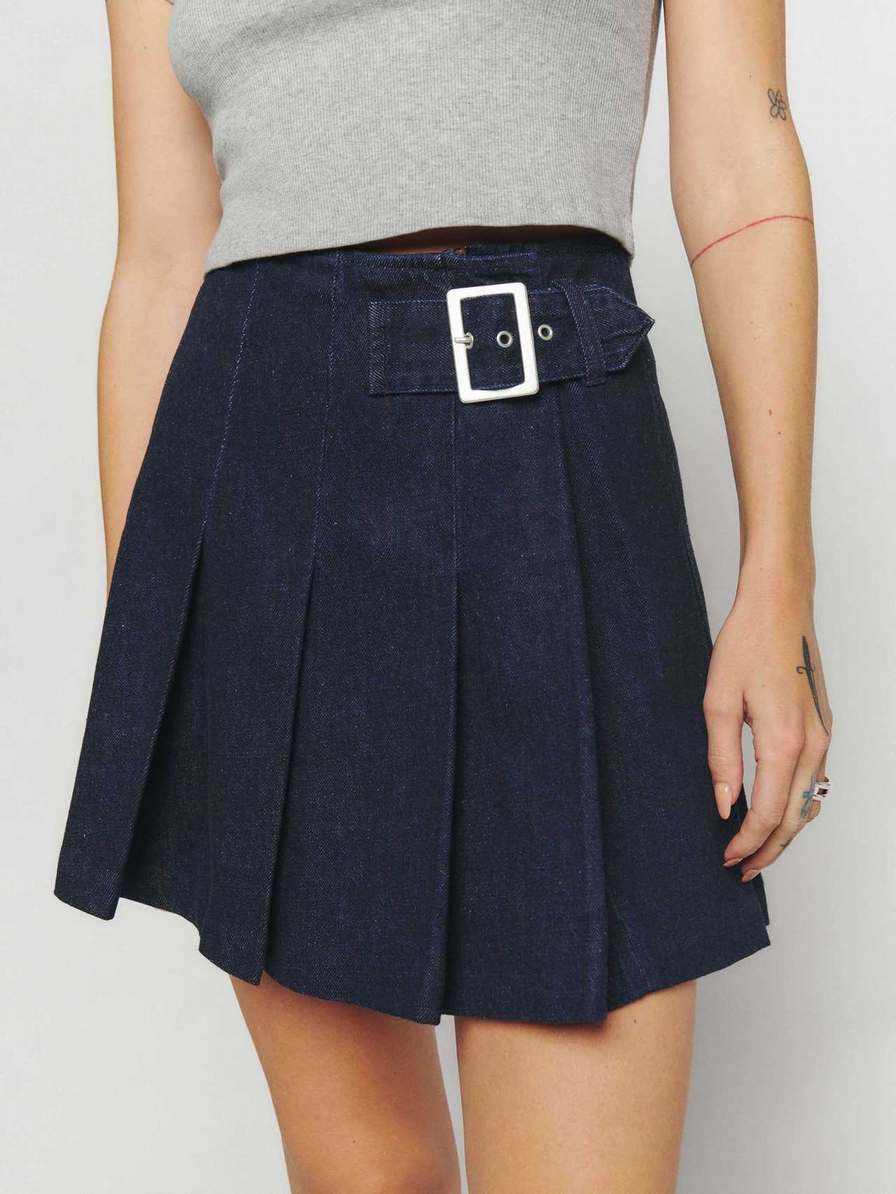 Reformation Billie Pleated Denim Mini Women's Skirts Navy | OUTLET-0214856