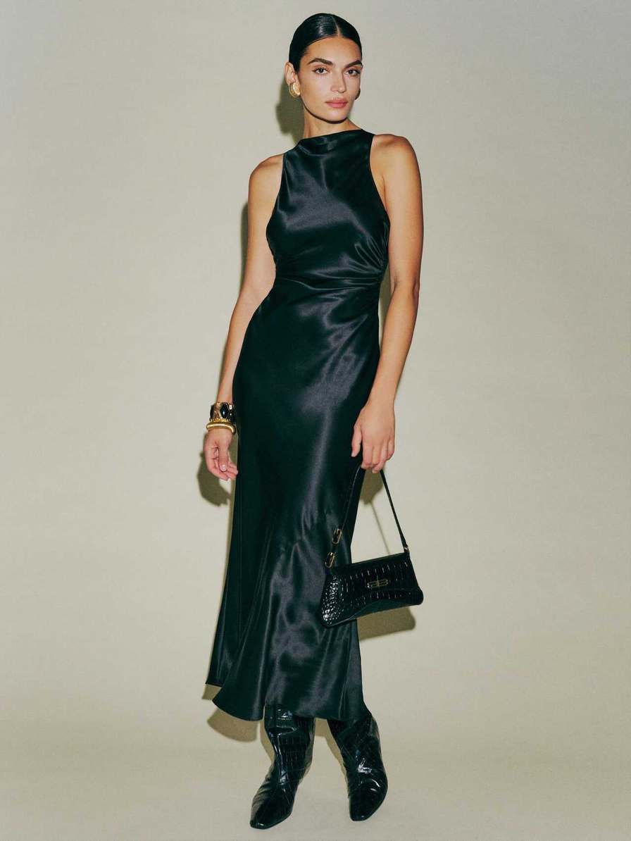 Reformation Casette Silk Women's Dress Black | OUTLET-786153