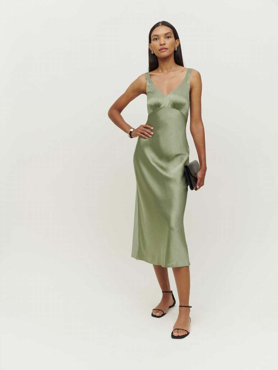 Reformation Daytona Silk Women's Dress Dark Green | OUTLET-162043