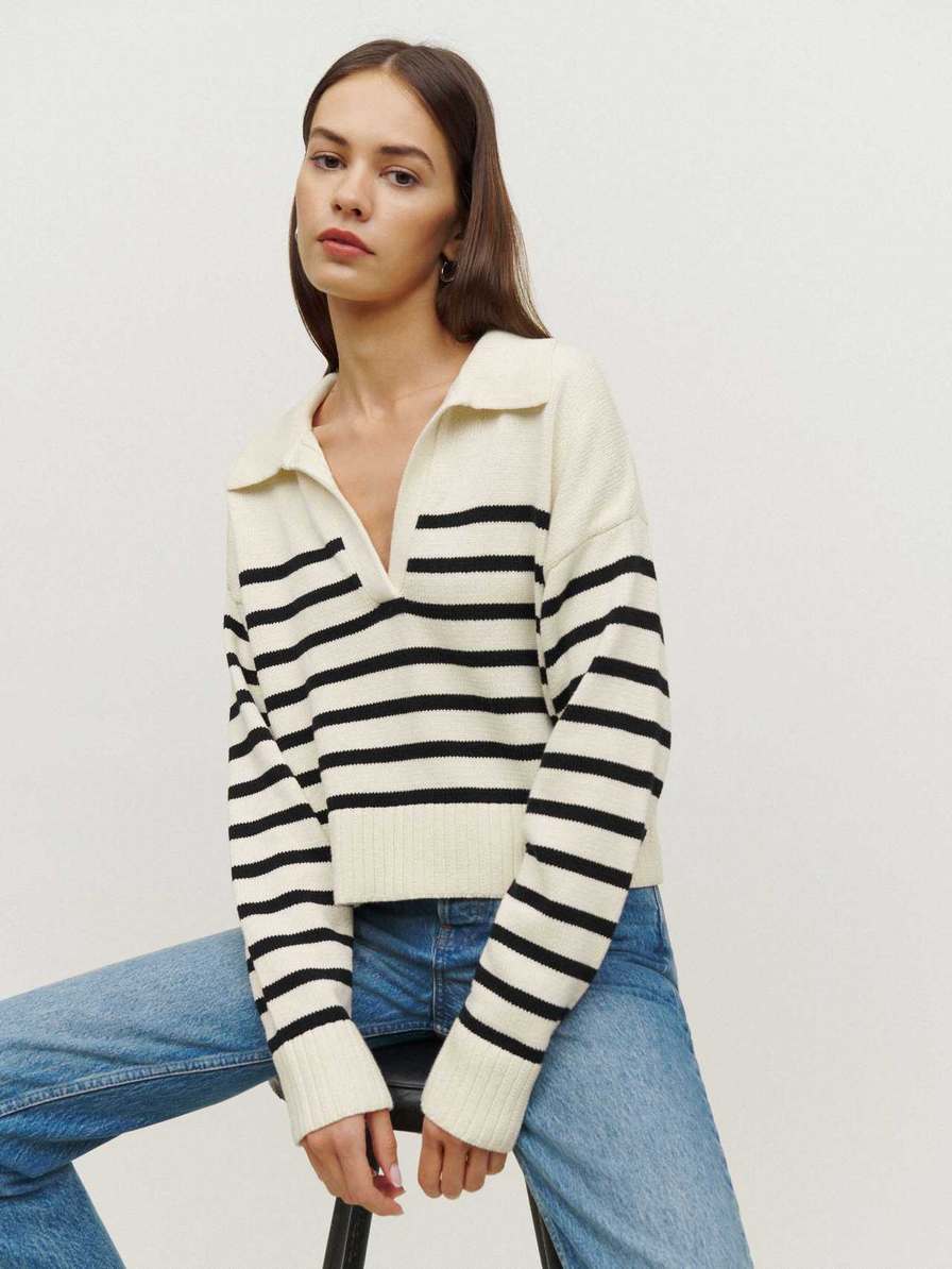 Reformation Francesco Cotton Women's Sweater Black Stripes | OUTLET-316247