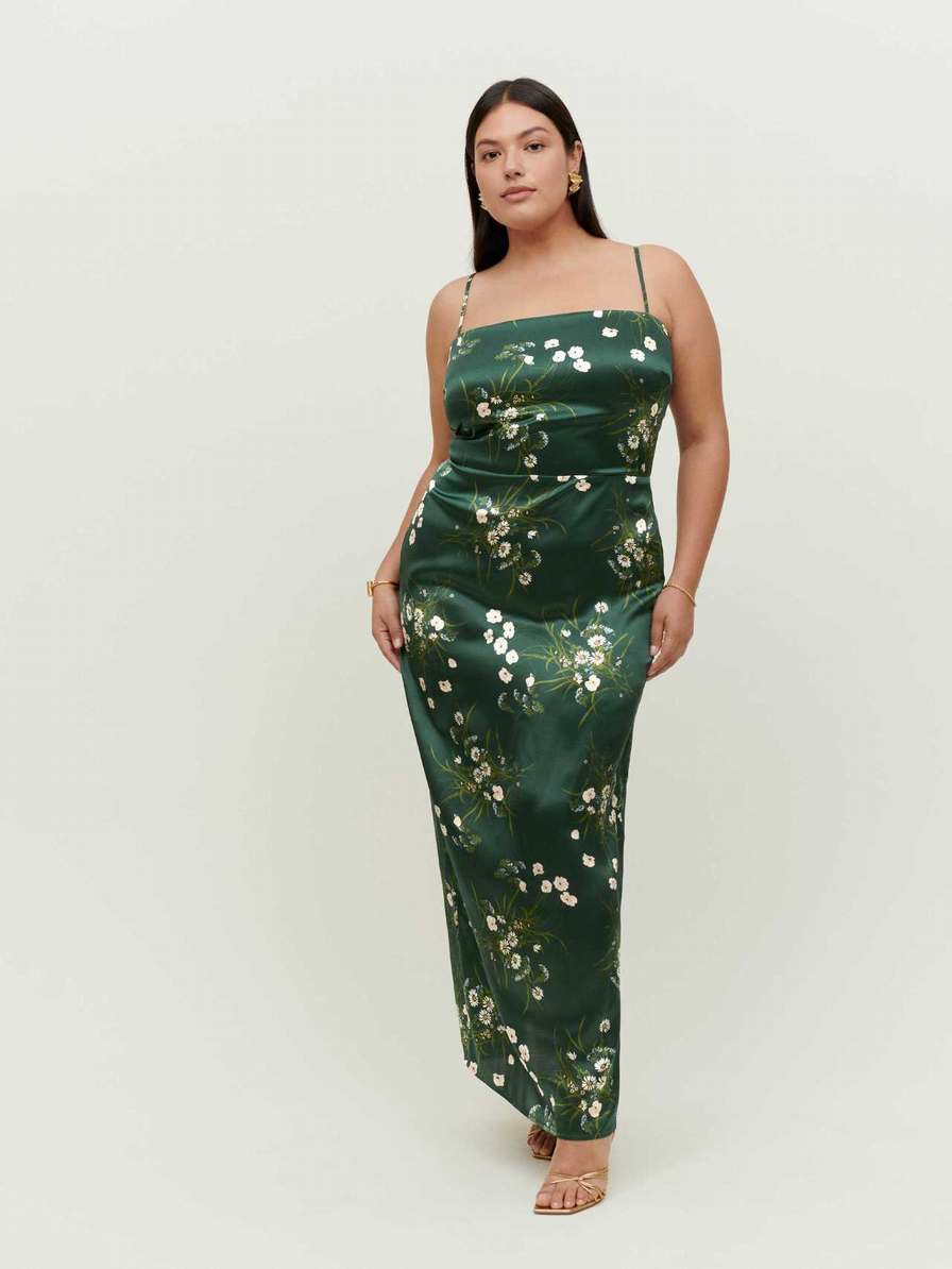 Reformation Frankie Silk Es Women's Dress Dark Green | OUTLET-803426