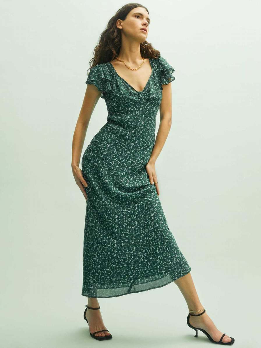 Reformation Lisola Women's Dress Dark Green | OUTLET-3175046
