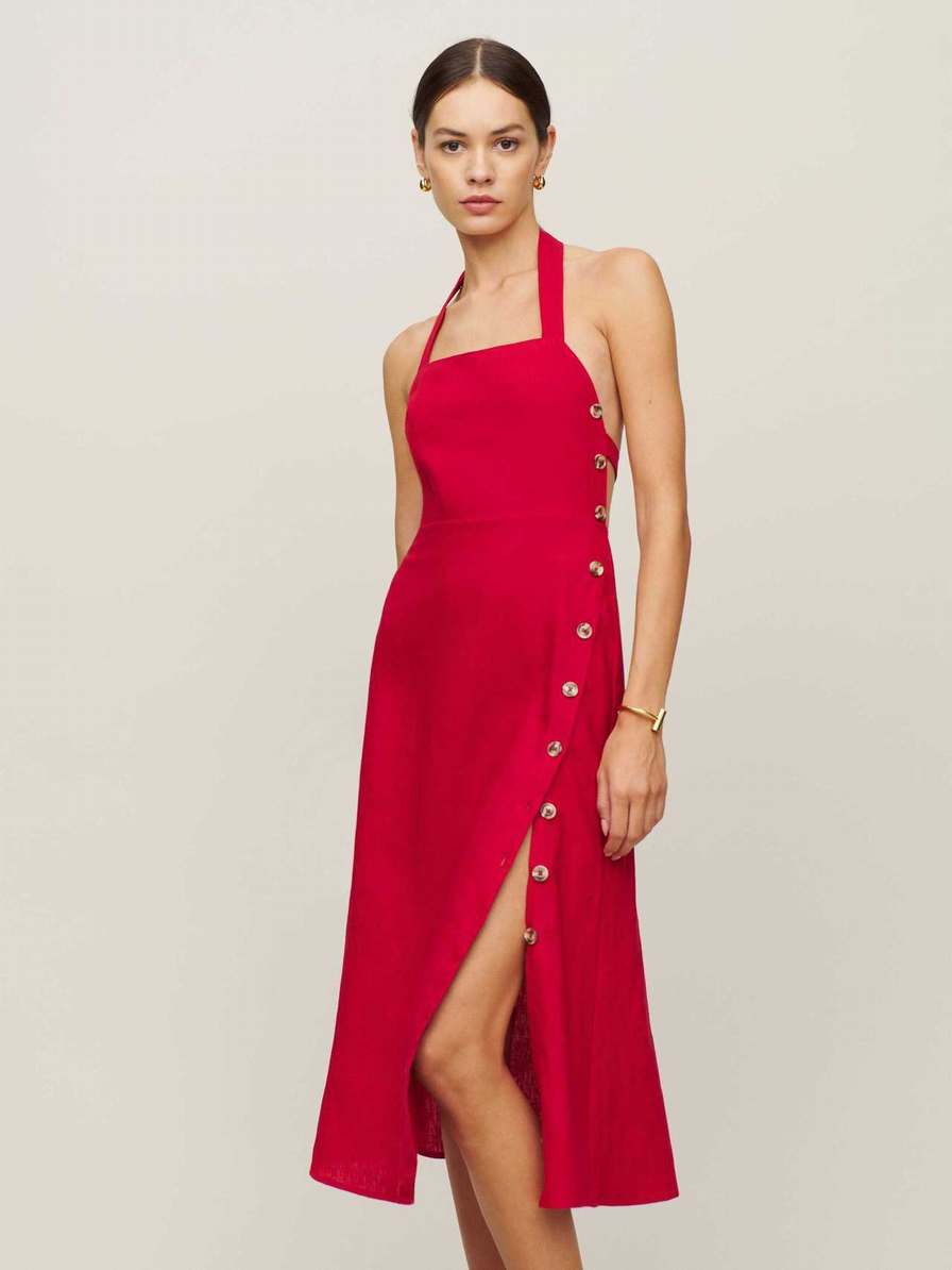 Reformation Mar Linen Women's Dress Pink | OUTLET-824035