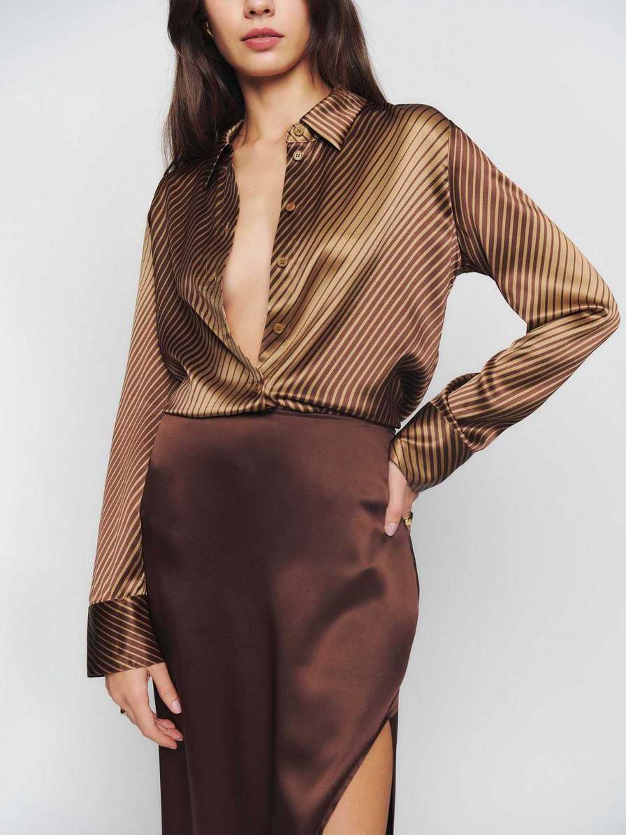 Reformation Sky Relaxed Silk Women's Tops Brown | OUTLET-4126705